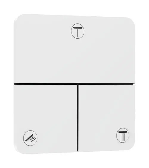 Weißes Bedienpanel von Hansgrohe mit drei variablen Funktionen, symbolisiert durch einfache Piktogramme. Eignet sich zur Steuerung von Dusch- oder Badewannenarmaturen.